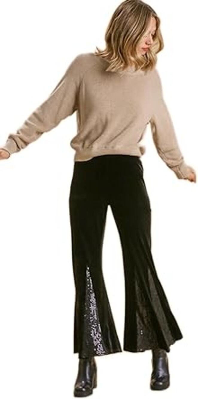 UMGEE USA Velvet Pants Womens 1XL Black Wide Flare Leg Sequin Party Evening Glam